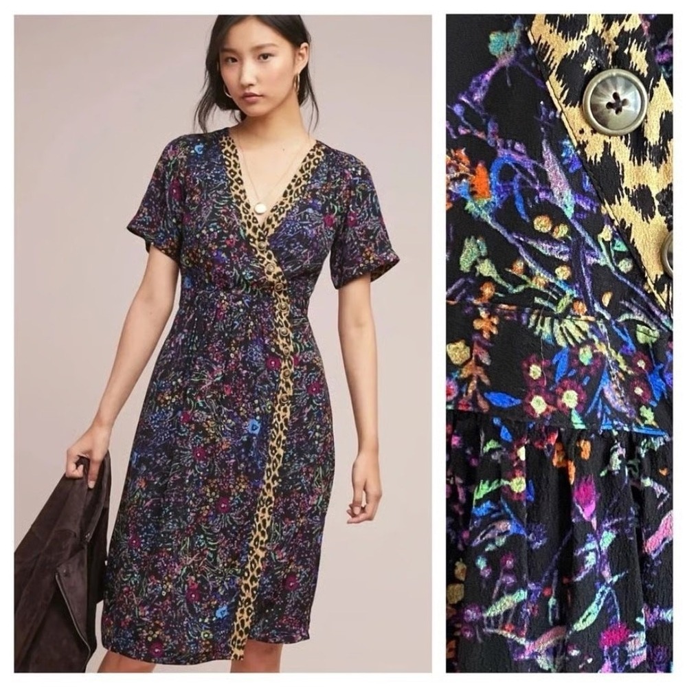 Anthropologie Maeve Morgan Wrap Derby Dress Womens Midi Floral Leopard Sz 0 XS - Picture 2 of 9